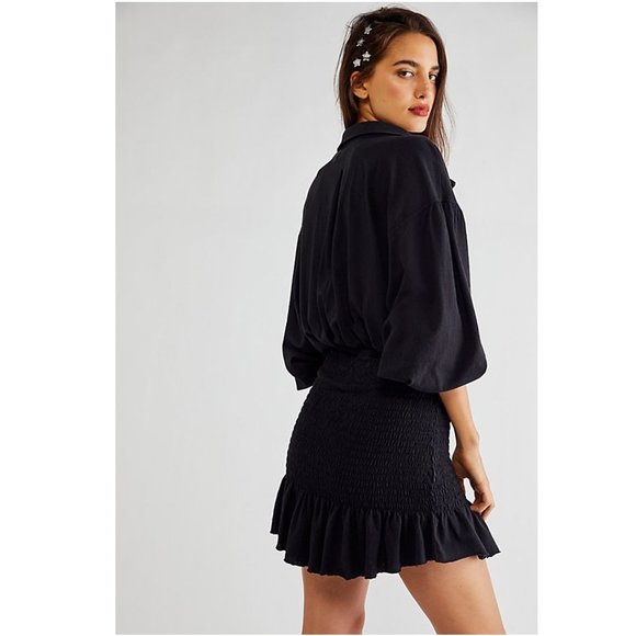 Free People Beach Shane Mini Dress / Small / Black Billowy Smocked - Picture 2 of 7